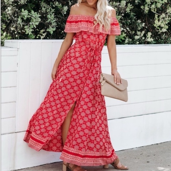 Talisman | Vici red Maisie print off the shoulder maxi dress Women’s size XS - Picture 2 of 13